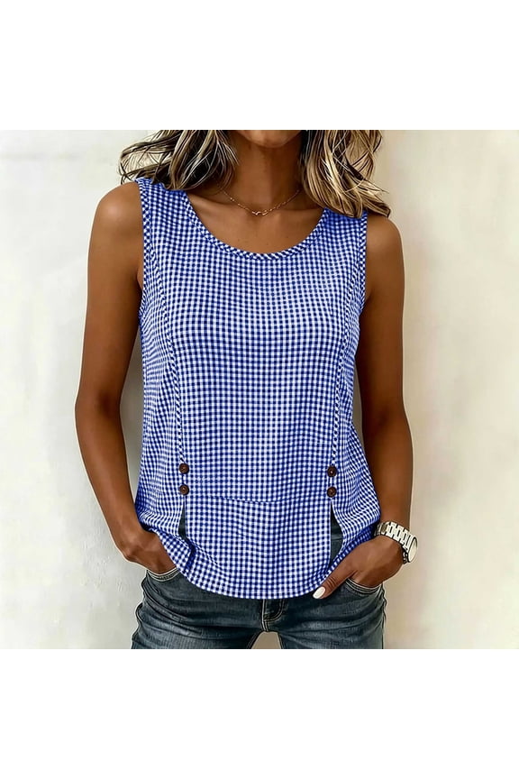 Tank Tops Women Gingham Plaid Printed Scoop Neck Loose Side Slit Button Detail Blouse Summer Casual Checker Patterned Flowy Sleeveless Shirt Trapeze Vest