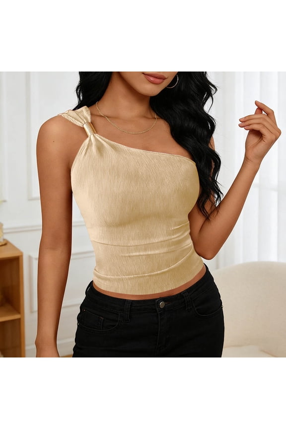 Tank Tops for Women One Shoulder Sleeveless Casual Going Out Party Wear Slim Fit Ribbed Knit Texture Gold Link Chain Detail Solid Basic Summer Fashion Tops