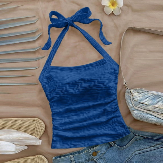 Xdegoge Tank Tops for Women Halter Neck Sleeveless Clubwear Dressy form Fitting Wavy Pleated Pattern Soft Breathable Comfortable Spring Summer Tops