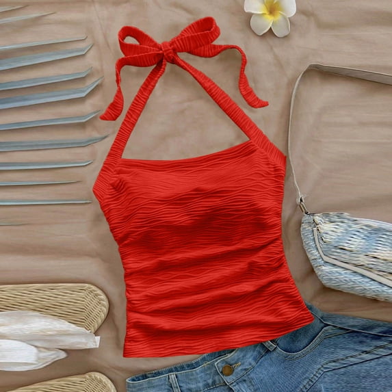Xdegoge Tank Tops for Women Halter Neck Sleeveless Clubwear Dressy form Fitting Wavy Pleated Pattern Soft Breathable Comfortable Spring Summer Tops