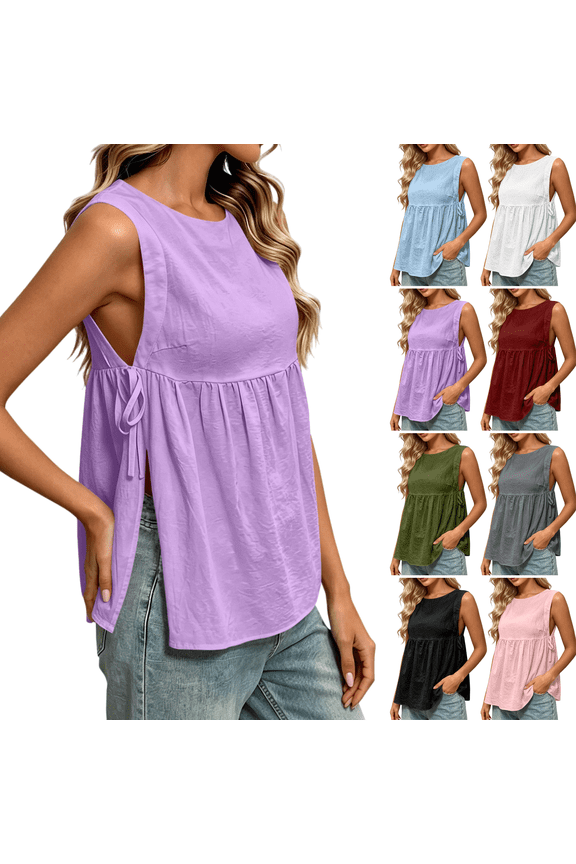 Tank Tops for Women Sleeveless Tie Side Split Peplum Babydoll Travel Summer Shirts Trendy Going Out Y2K Streetwear Solid Trendy Blouses