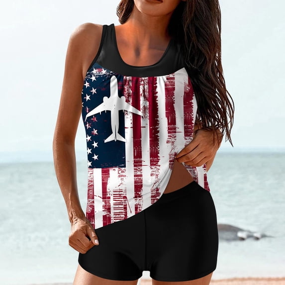Xdegoge Tankini Sets for Women Scoop Neck Boy Shorts Two Piece Bathing Suits Sparkle Star Striped Print Tummy Control Slimming Modest Coverage Athletic Beachwear