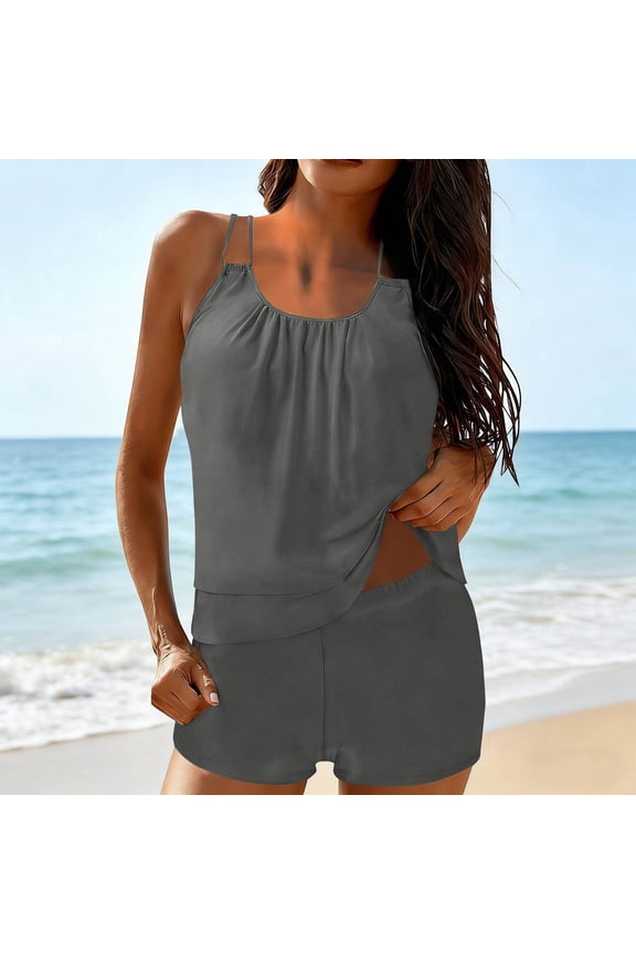 Tankini Sets for Women Scoop Neck Spaghetti Straps Flowy Top Boyshort Bottom Two Piece Bathing Suits Smooth Solid Modest Slimming Summer Vacation