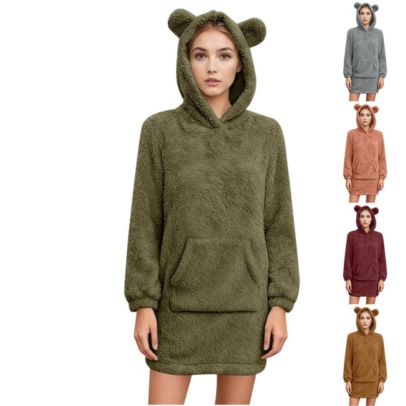 Xdegoge Teddy Bear Sweatshirts for Women Fuzzy Long Sleeve Pullover Cute Warm Hoodies with Kangaroo Pockets and Ear Hood Cozy Winter Clothes Loungewear