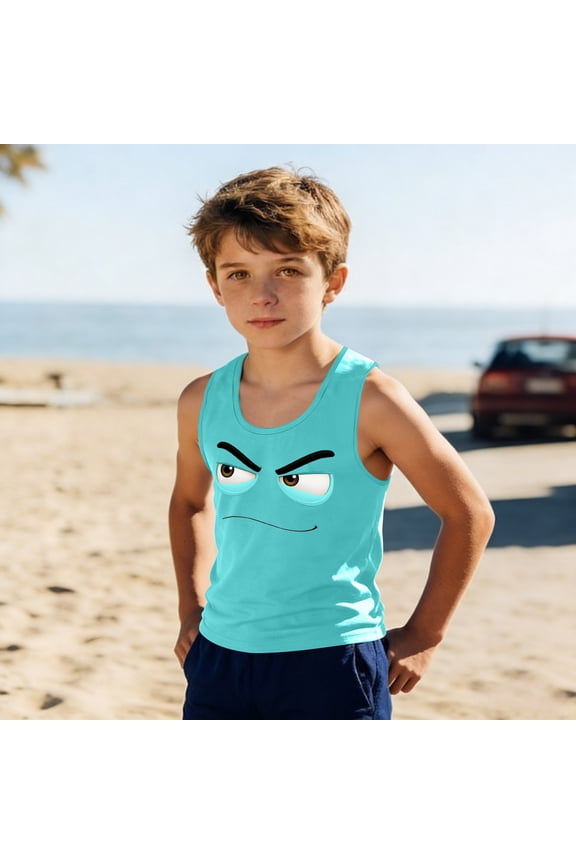 Teen Boys Funny Graphic Tank Tops Cute Smirk Suspicious Face Print Sleeveless Muscle Shirts Casual Playwear School Activewear Summer Camp Lightweight Tees
