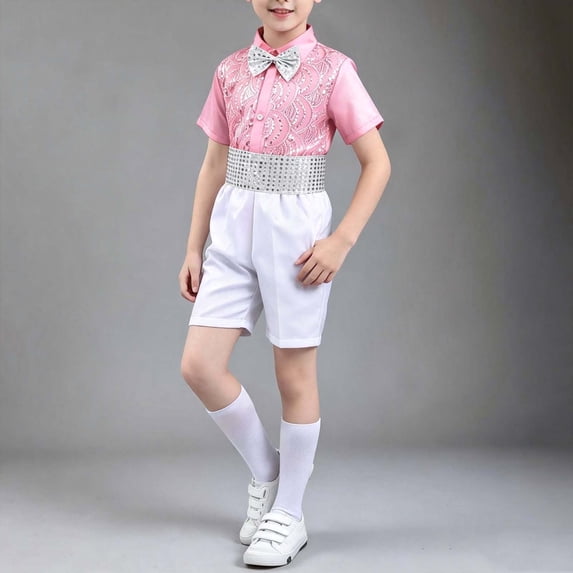 Xdegoge Teen Boys Sequins Dance Outfits Child Short Sleeve Dress Shirt and Elastic Waist Shorts Set with Bow Tie Cummerbund formal Performance Costume Party Wedding Sets