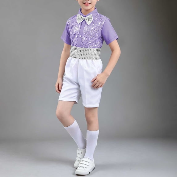 Xdegoge Teen Boys Sequins Dance Outfits Dance Short Sleeve Dress Shirt and Elastic Waist Shorts Set with Bow Tie Cummerbund formal Performance Costume Party Wedding Sets