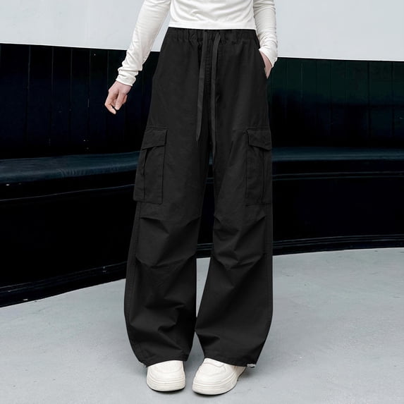 Xdegoge Teen Girls Baggy Cargo Pants Wide Leg Y2K Parachute Trousers with Pockets High Waisted Drawstring Elastic Fit Casual Lounge Streetwear