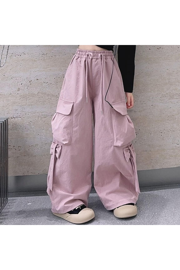 Teen Girls Baggy Cargo Pants Y2K Parachute Wide Leg High Waisted Drawstring Bottoms with Pockets Loose Casual Streetwear Dance Bottoms