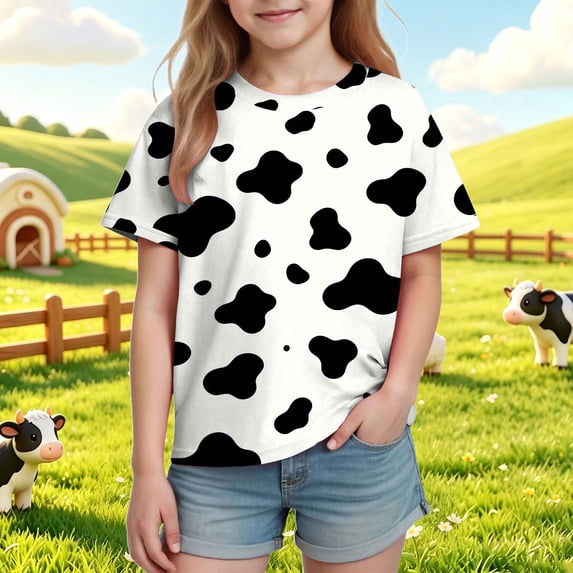 Xdegoge Teen Girls Cow Print T-Shirt Short Sleeve Crewneck Casual Animal Graphic Tees Summer Tops for Kids Playwear Daily Wear, Size 13-14