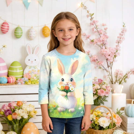 Xdegoge Teen Girls Easter Long Sleeve Tees Three Dimensional Sleeping Bunny In Eggshell Print Crewneck Spring Holiday Party Outfits Casual Daily Wear Breathable Blouse