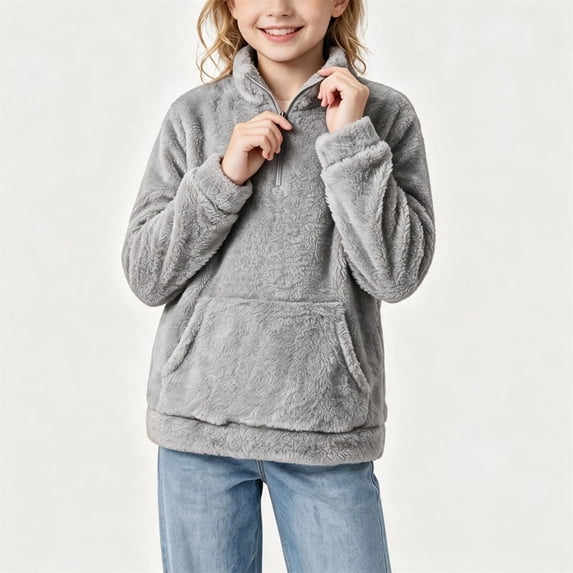 Xdegoge Teen Girls Fuzzy Fleece Pullover Sweater Quarter Zip Fluffy Sherpa Sweatshirt with Pockets Kids Warm Winter Outwear, Size 14-15