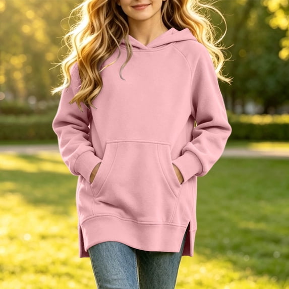 Xdegoge Teen Girls Long Pullover Hoodie Tunic Sweatshirt with Kangaroo Pocket Side Slit Casual Fall Clothes Activewear Tops, Size 13-14