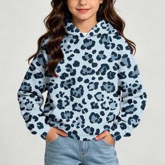 Xdegoge Teen Girls Pullover Hoodies Leopard Print Hooded Sweatshirts Long Sleeve Tops with Kangaroo Pocket Fashion Fall Winter Clothes, Size 13-14