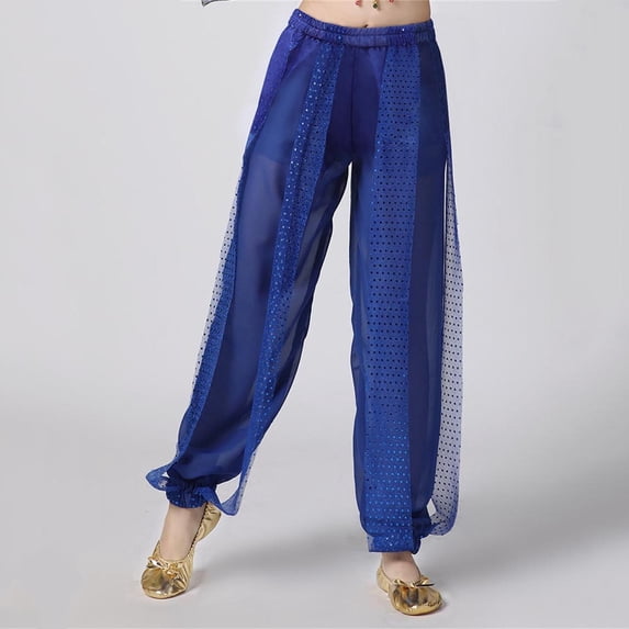 Xdegoge Teen Girls Sheer Harem Pants Side Slit Belly Dance Elastic Waist Flowy Trousers Sequin Mesh Loose Costume Pants for Yoga Festival Performance