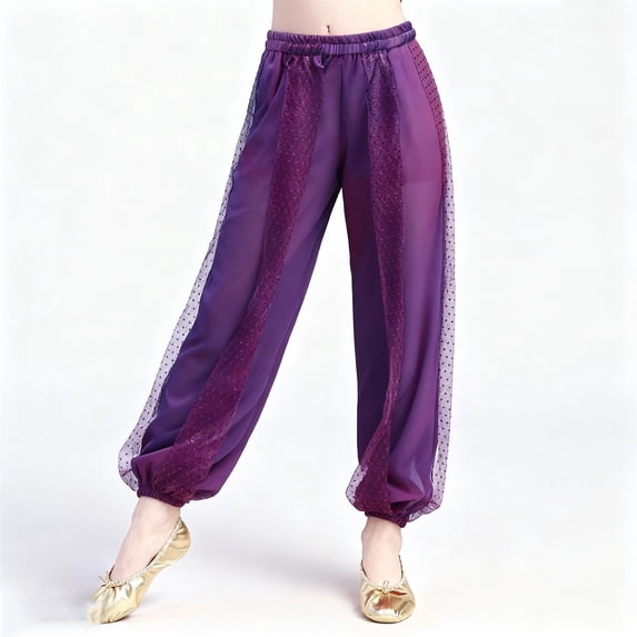 Xdegoge Teen Girls Sheer Harem Pants Side Slit Belly Dance Elastic Waist Flowy Trousers Sequin Mesh Loose Costume Pants for Yoga Festival Performance