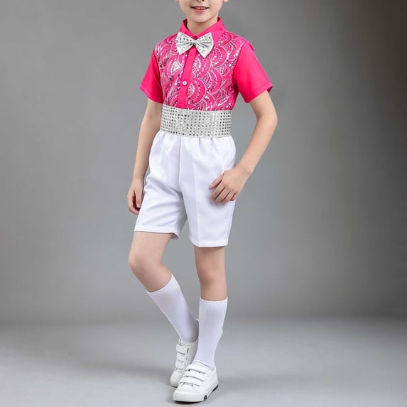 Xdegoge Teen Sequins Dance Outfits Dance Short Sleeve Dress Shirt and Elastic Waist Shorts Set with Bow Tie Cummerbund formal Performance Costume Party Wedding Sets