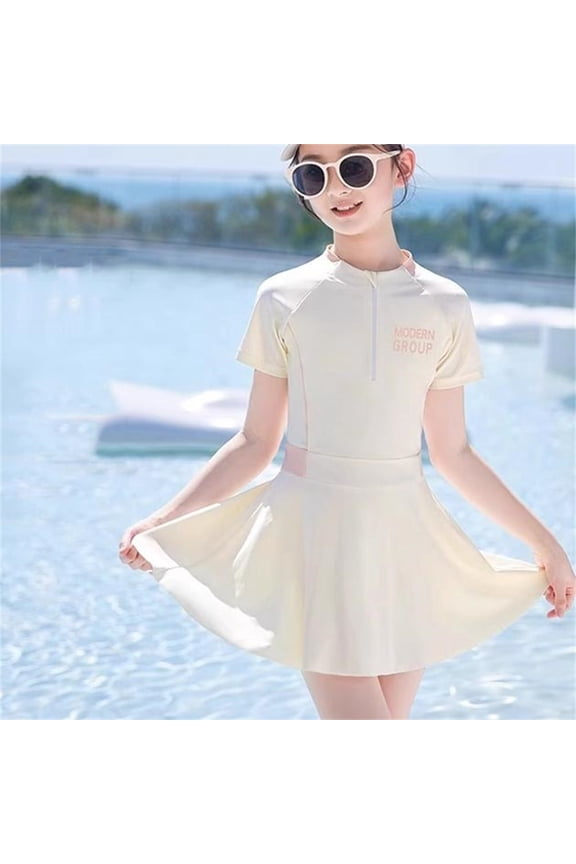 Teen Girls One Piece Swim Dress with Short Sleeve Zipper Front, Skirted Modern Modest Resort Swimwear, Age 4-11 Years
