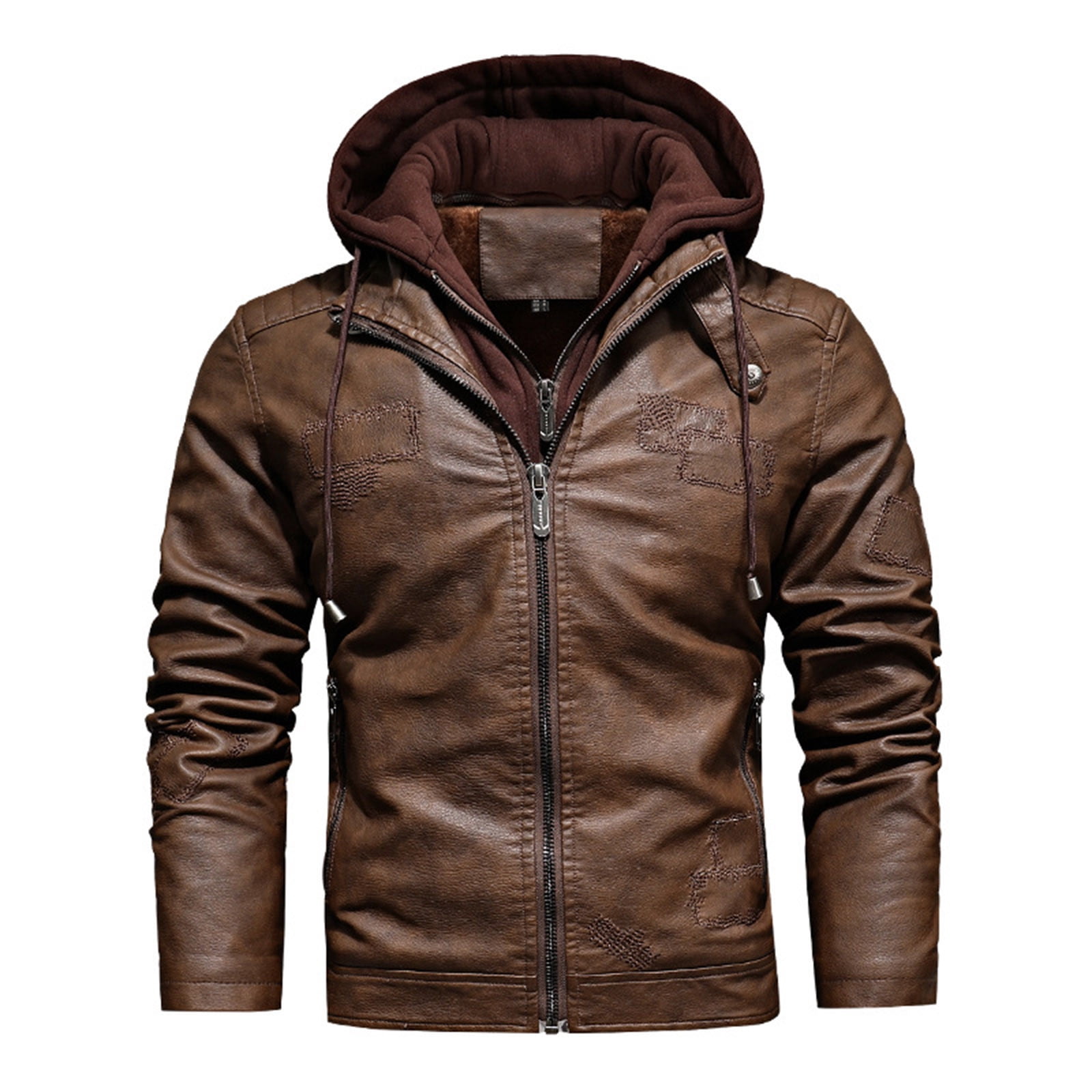 Xdegoge Thick Leather Jacket for Men Casual Keep Warm Jackets Full Zip Drawstring Hooded Coat with Pockets Classic Solid Color Coats Removeable Hood Outerwear Fall Winter Fashion Thermal Clothing