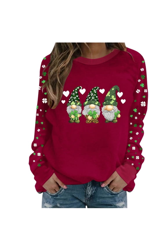 Three Gnomes Graphic Print Sweatshirt for Women St Patricks Day Pullover Long Sleeve Crew Neck Casual Soft Holiday Top Shamrock Sleeve Festival Jumper Comfy Loose Fit Wear