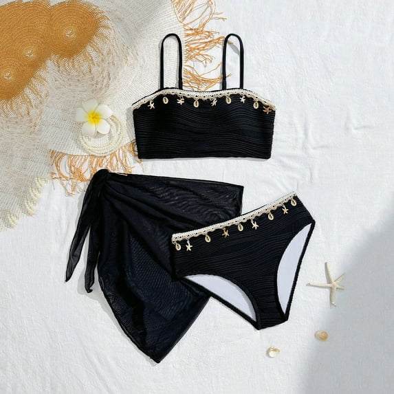 Xdegoge Three Piece Swimsuit Set for Girls Shell Trim Swim Top Full Coverage Bottoms Cover Up Wrap Quick Dry Bathing Suit Beach Vacation Pool Party Summer Black 9 Years