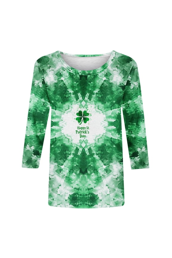 Tie-Dye Tops for Women St Patricks Day Three Gnomes Graphic Tee 3/4 Sleeve Crew Neck Casual Breathable Clover Blouse Soft Holiday Everyday Fashion Tunic Vacation Blouse