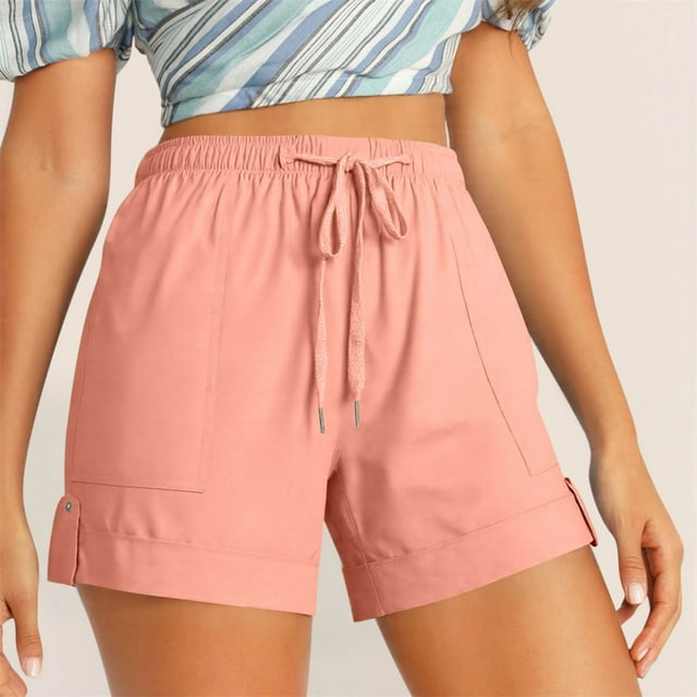Xdegoge Todays Daily Chino Shorts for Women Plus Size Dressy Casual Fahion Summer Shorts with Pockets Drawstring High Waisted Going Out Shorts Vacation Bermuda Shorts Pink M Flash