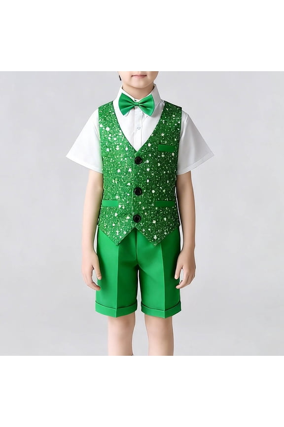 Toddler 3 Piece Gentleman Suit Set Short Sleeve Shirt Sparkly Sequin Vest and Shorts St. Patrick's Day Party Outfits, 4T-15Y