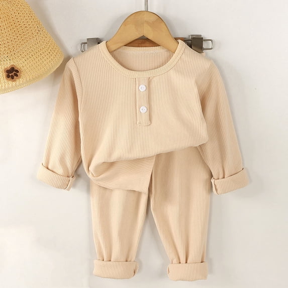 Xdegoge Toddler Baby Boys Girls Ribbed Clothes Set Long Sleeve Shirts and Elastic Waist Pants 2 Piece Fall Winter Outfits Casual Lounge Pajamas