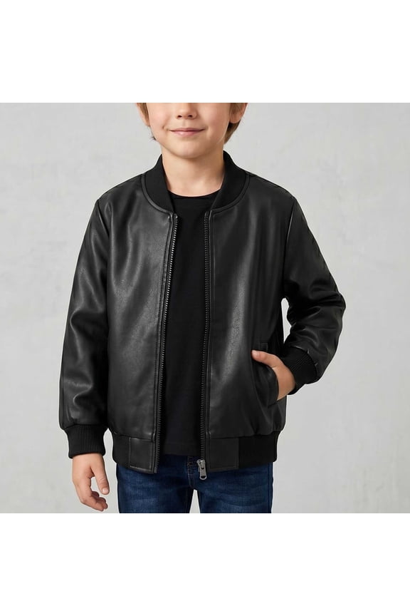 Toddler Boys Classic Faux Leather Bomber Jacket Long Sleeve Full Zip Up Moto Outerwear with Ribbed Cuffs and Collar Fall Winter Casual Windproof Coat