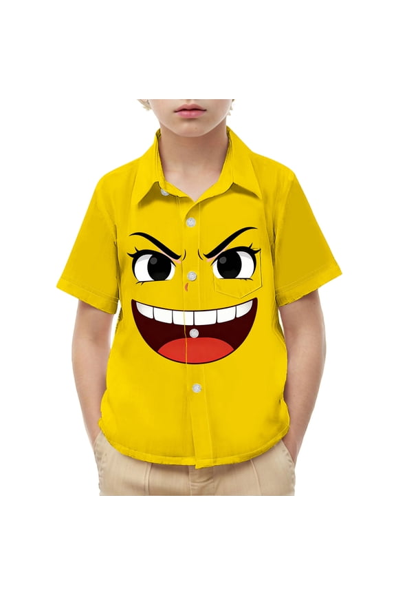 Toddler Boys Funny Graphic Camp Shirt Crazy Laughing Face Print Short Sleeve Button Up Tops Casual Summer Playwear Comfy Novelty Clothes For Kids Holiday Outfit