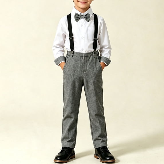 Xdegoge Toddler Boys formal Suit Clothes Set Long Sleeve Button Down Dress Shirt with Bowtie and Suspender Pants Gentleman Outfit for Wedding Party