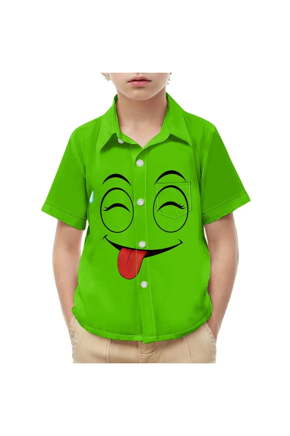 Toddler Children Funny Graphic Button Up Tops Cute Winking Tongue Face Print Short Sleeve Shirts Casual Summer Playwear School Outfit For Boys Novelty Comfy Clothing