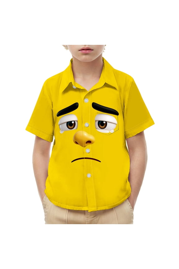 Toddler Children Funny Graphic Shirts Sad Crying Face Print Short Sleeve Collared Button Down Tops Casual Summer Playwear School Outfits For Boys Comfy Novelty Tees
