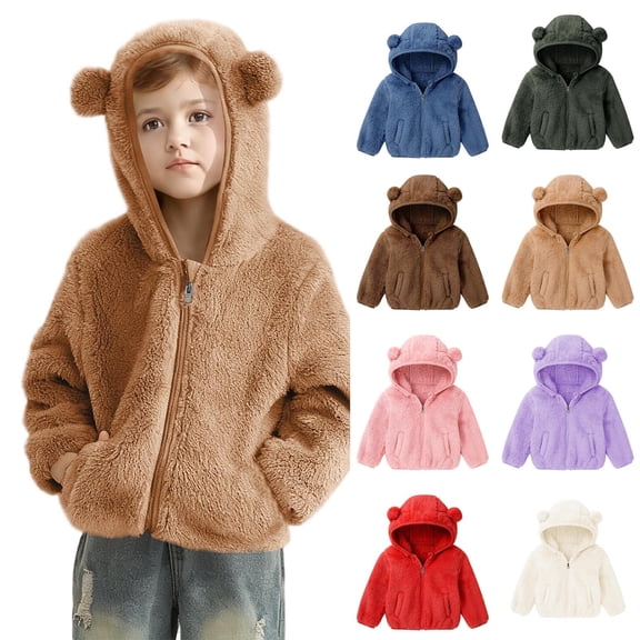 Xdegoge Toddler Fleece Jackets Lightweight Zip Up Kids Winter Hoodies with Cats Ear Hood, Warm Sherpa Teddy Bear Jackets Cute Long Sleeve Sweatshirts Pockets Outerwear