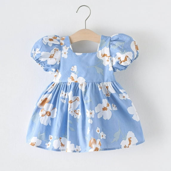 Xdegoge Toddler Floral Dress Summer Puff Short Sleeve Flowy Casual Cute Dresses 18 Months Girl Clothes Blue Newborn Girl Clothes Sales Today