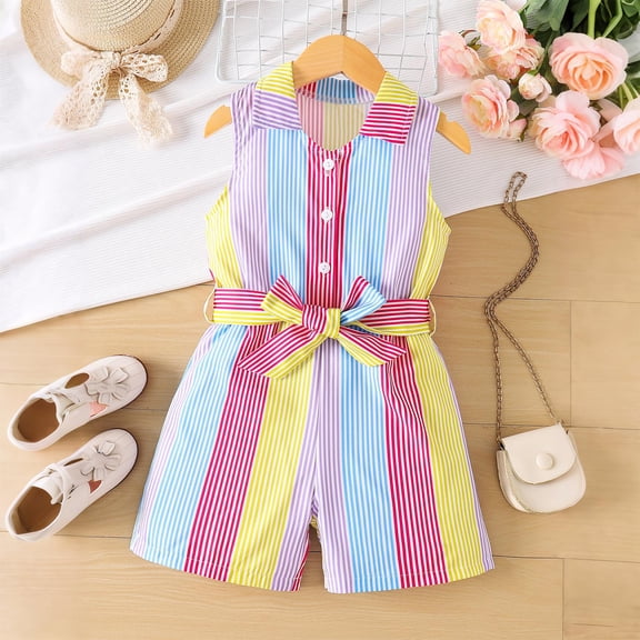 Xdegoge Toddler Girl Clothes Summer Outfits Cute Stripe Ruffle Trim Smocked Sleeveless Collared Waist Tie Romper Shorts Jumpsuit, Sizes 2-7 Years