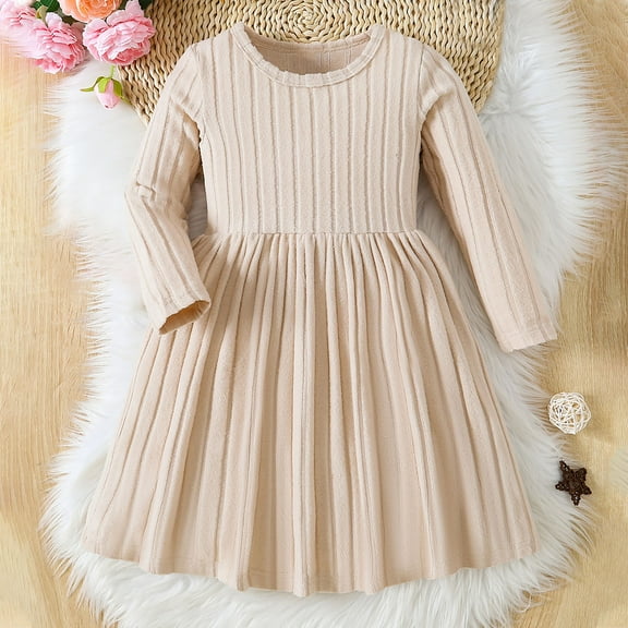 Xdegoge Toddler Girl Dress Fashion Cute Solid Color Ribbed Long Sleeve Dress, Sizes 3-10 Years Toddler Dresses