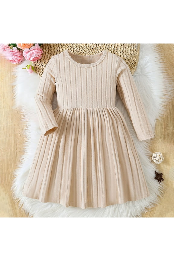 Toddler Girl Dress Fashion Cute Solid Color Ribbed Long Sleeve Dress, Sizes 3-10 Years Toddler Dresses