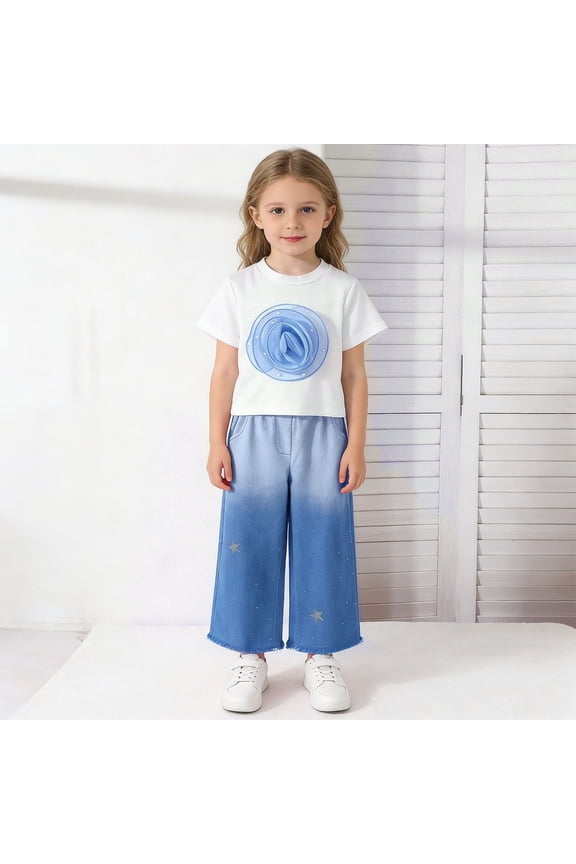 Toddler Girls 2 Piece Denim Set Short Sleeve Tee Rose Flower Patchwork T-Shirt and Gradient Sparkly Jeans Vacation Outfits, 2T-9Y