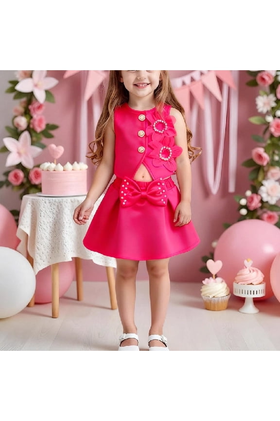 Toddler Girls 2 Piece Skirt Set Sleeveless Button Front Vest with 3D Flower Sparkly Bow Skirt Fancy Birthday Party Wear, 9M-5T