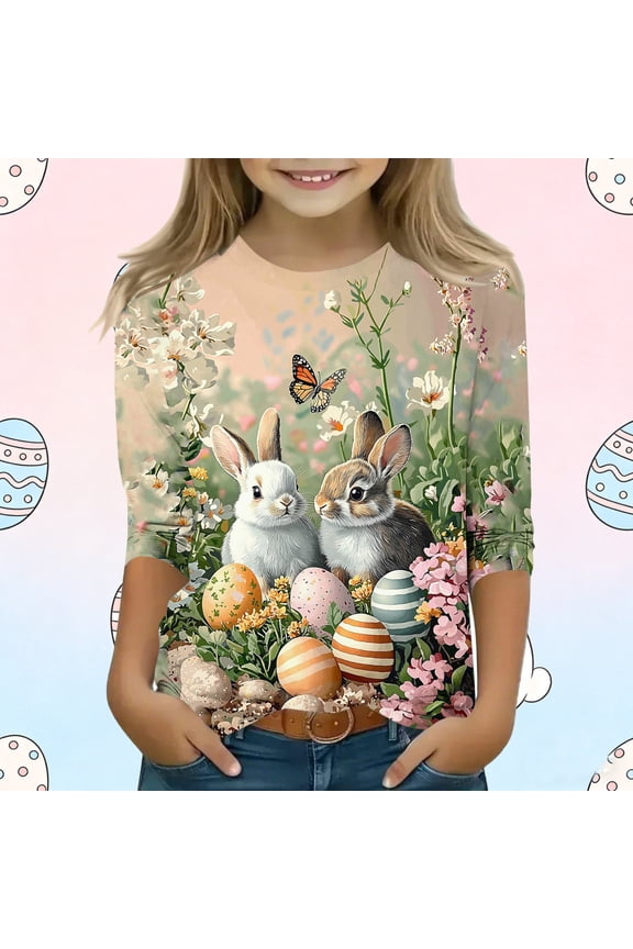 Toddler Girls Adorable Graphic T Shirt Cute Bunny In Tutu Dress Floral Bow Print Long Sleeve Crewneck Casual Playwear School Tops Comfy Breathable Activewear Pullovers