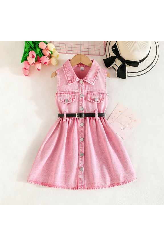 Toddler Girls Denim Dress Sleeveless Button Down Jean Dresses with Belt Lapel Collar A-Line Party Skirt Casual Summer Wear