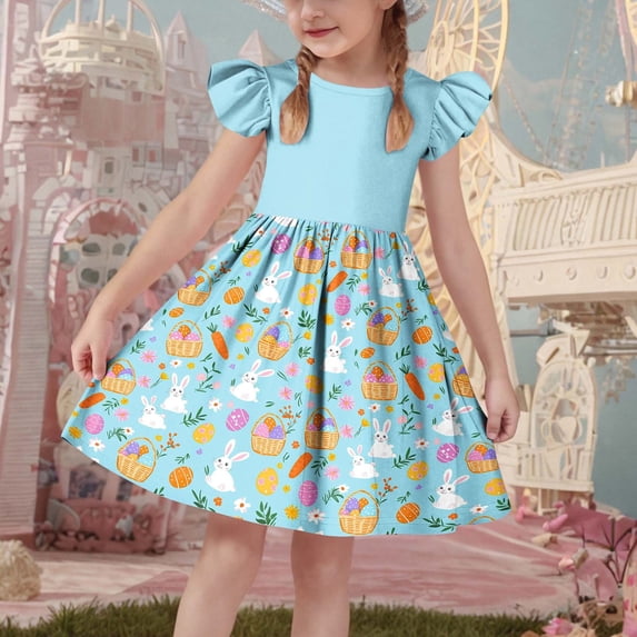 Xdegoge Toddler Girls Easter Dress Ruffle Short Sleeve Crewneck Graphic Bunny Print Knee Length Kids A Line Tween Holiday Outfit Flattering Chic Casual Wear for Teen