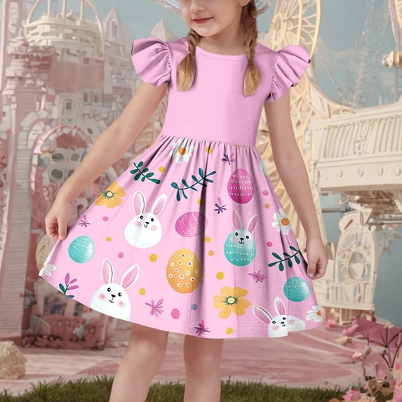 Xdegoge Toddler Girls Easter Dress Ruffle Short Sleeve Crewneck Graphic Bunny Print Knee Length Kids A Line Tween Holiday Outfit Flattering Chic Casual Wear for Teen