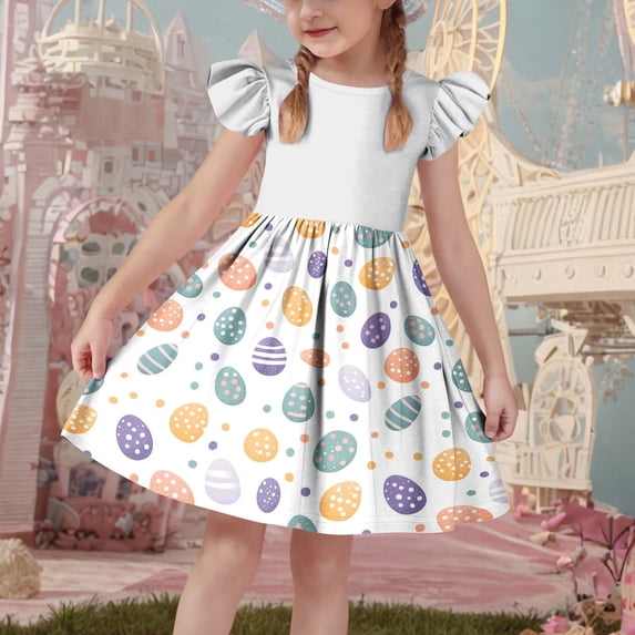 Xdegoge Toddler Girls Easter Dress Ruffle Short Sleeve Crewneck Graphic Bunny Print Knee Length Kids A Line Tween Holiday Outfit Flattering Chic Casual Wear for Teen