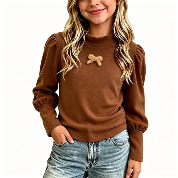 Xdegoge Toddler Girls Mock Neck Shirts Puff Long Sleeve Casual Soft Elegant Trendy Loose Blouses Fall Winter Fleece Pullover Holiday Party Clothes