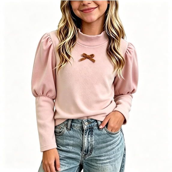Xdegoge Toddler Girls Mock Neck Shirts Puff Long Sleeve Casual Soft Elegant Trendy Loose Blouses Fall Winter Fleece Pullover Holiday Party Clothes