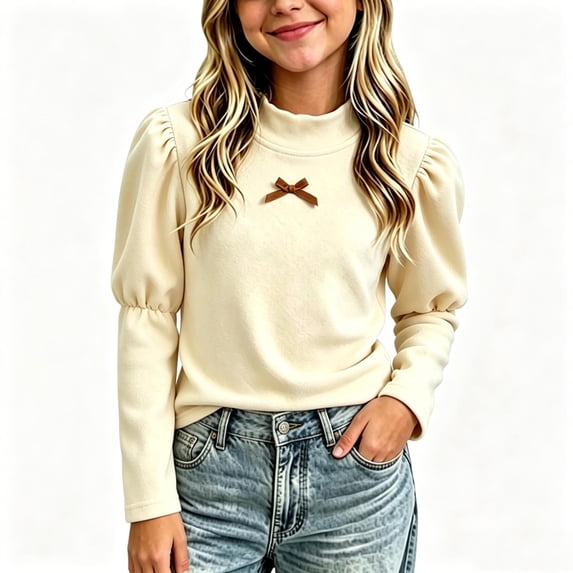 Xdegoge Toddler Girls Mock Neck Shirts Puff Long Sleeve Casual Soft Elegant Trendy Loose Blouses Fall Winter Fleece Pullover Holiday Party Clothes