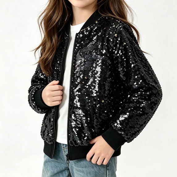 Xdegoge Toddler Girls Sequin Bomber Jacket Sparkly Zip Up Party Dance Outerwear Long Sleeve Casual Shiny Fall Winter Coat, Size 4-5T